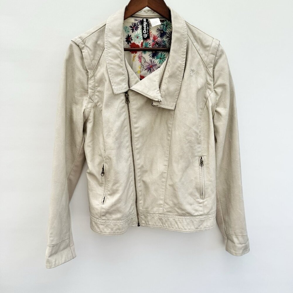 Desigual Faux Leather Biker Jacket Removable Sleeves And Collar Embroidered XL